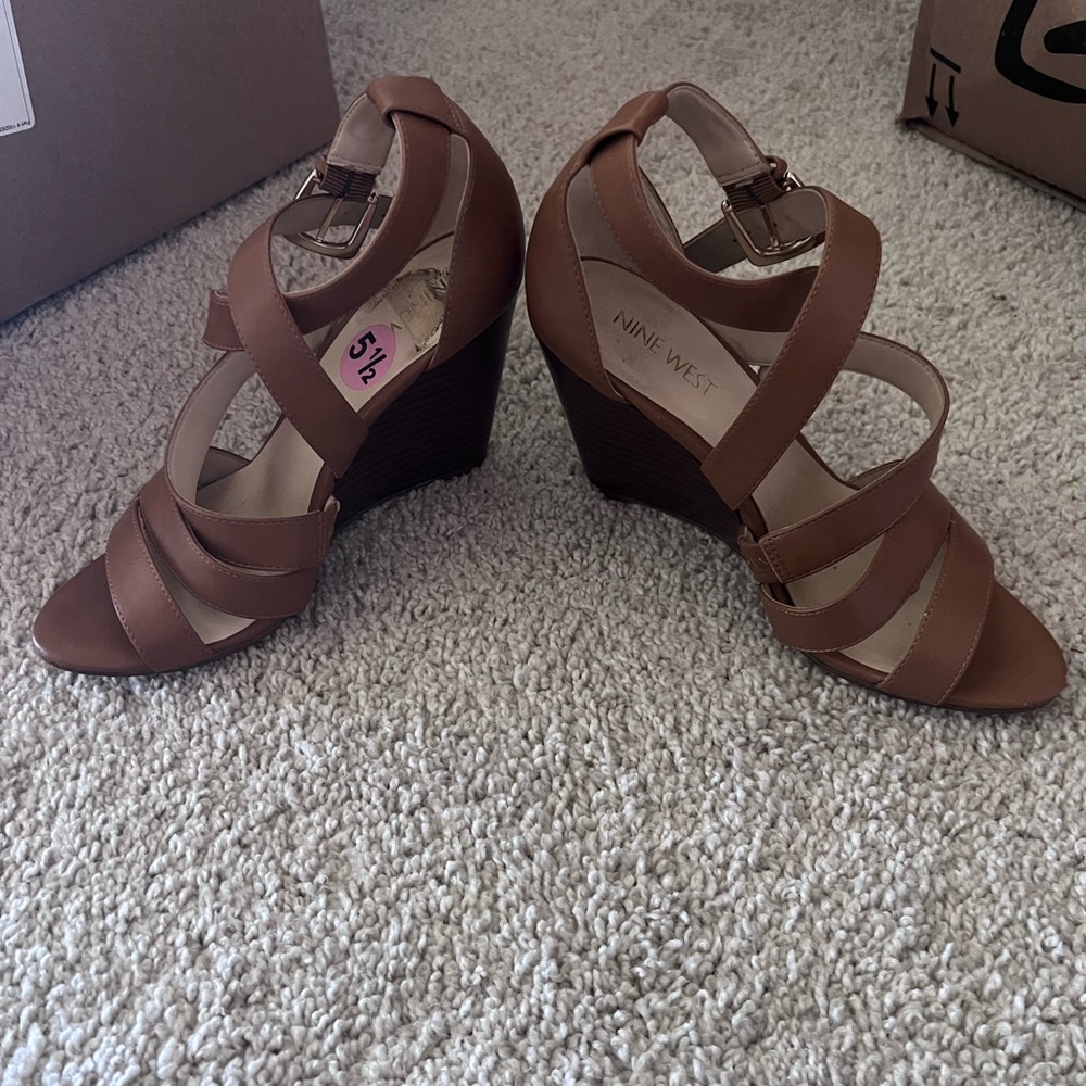 Nine West Tan Strappy Wedge Sandals
